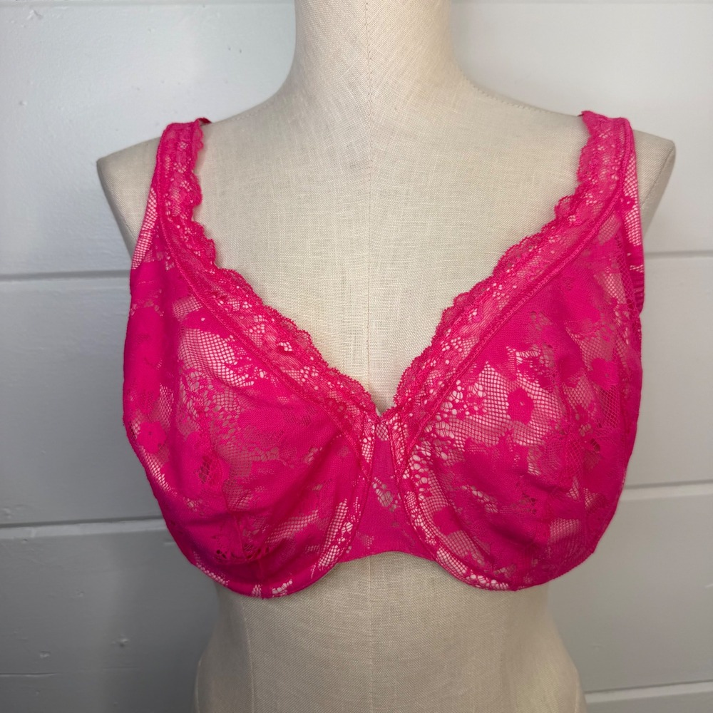 Lane Bryant Cacique 42DD Pink V Neck Bra Underwire Lace Plus Size Bra